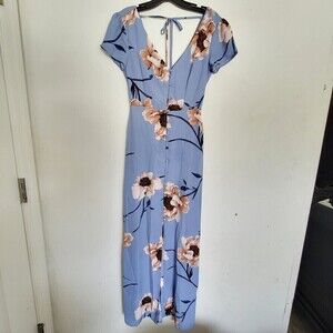 TRIXXI Blue Floral Button Front Short Sleeve V Neck Tie Back Maxi Swing Dress XS